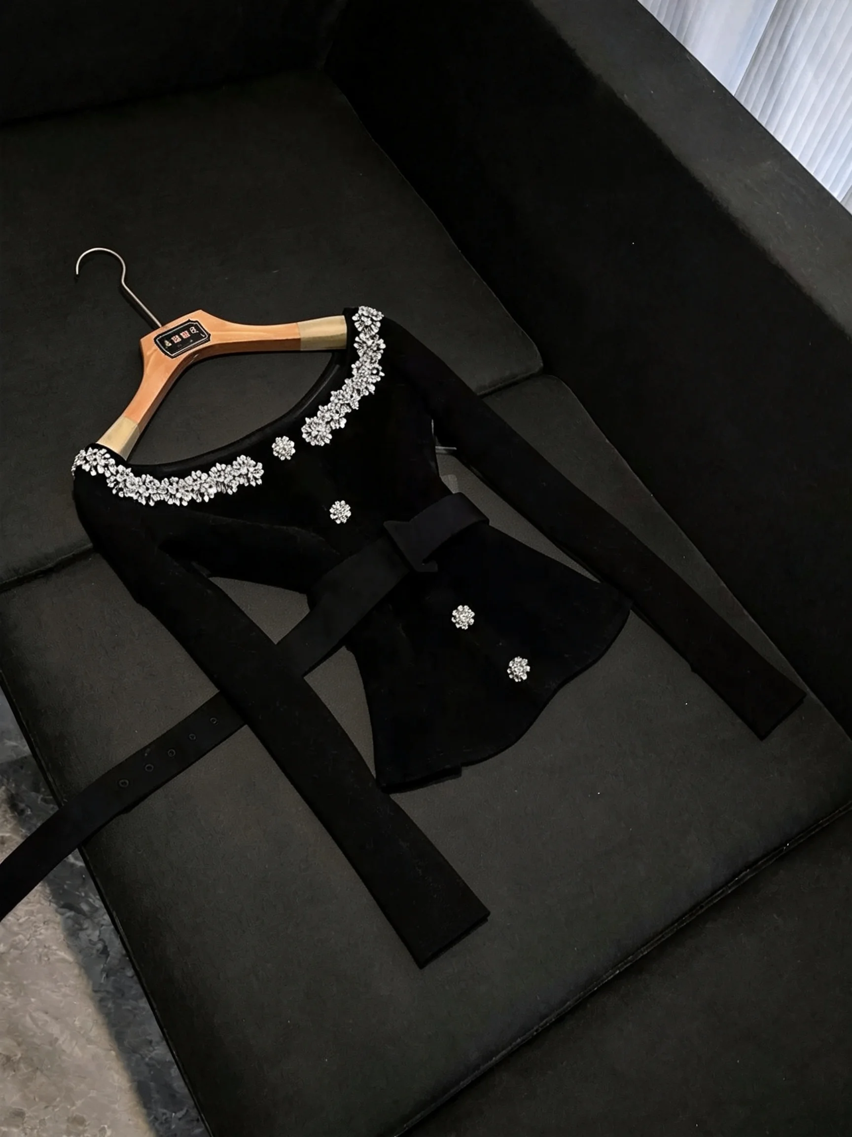 Elegant Style Long Sleeve Diamond Embellished One Shoulder Slim Fit Black Suit Women's Luxury Fashion Office Wear FX250
