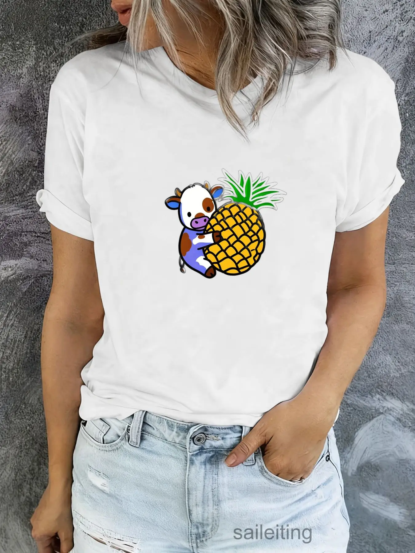 Cute Cartoon Cow Hugging Pineapple T-Shirt - Funny Black White Purple Hooves Graphic Tee, Soft Short Sleeve Top for Men Women