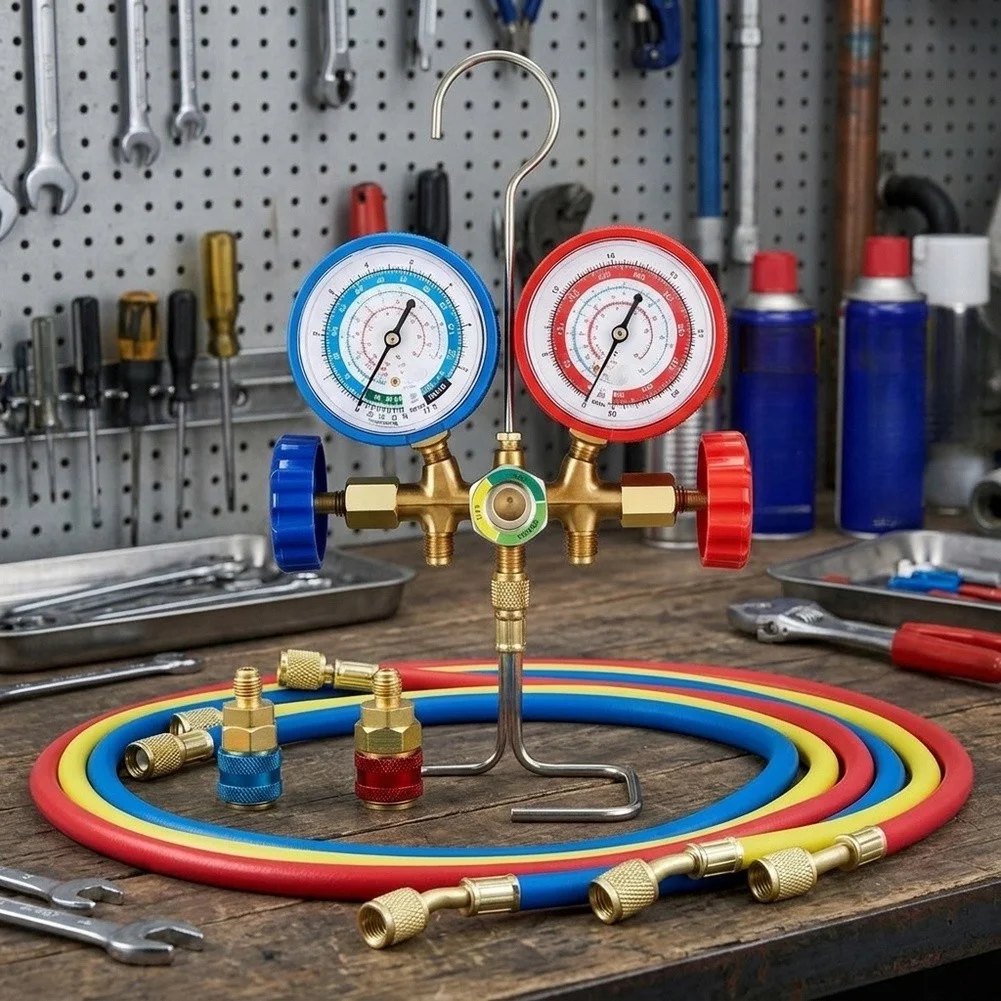 Automotive AC Manifold Gauge Kit with Dual Pressure Gauges and 3ft Charging Hoses for R502 R134a for r12 for r22 Refrigeration