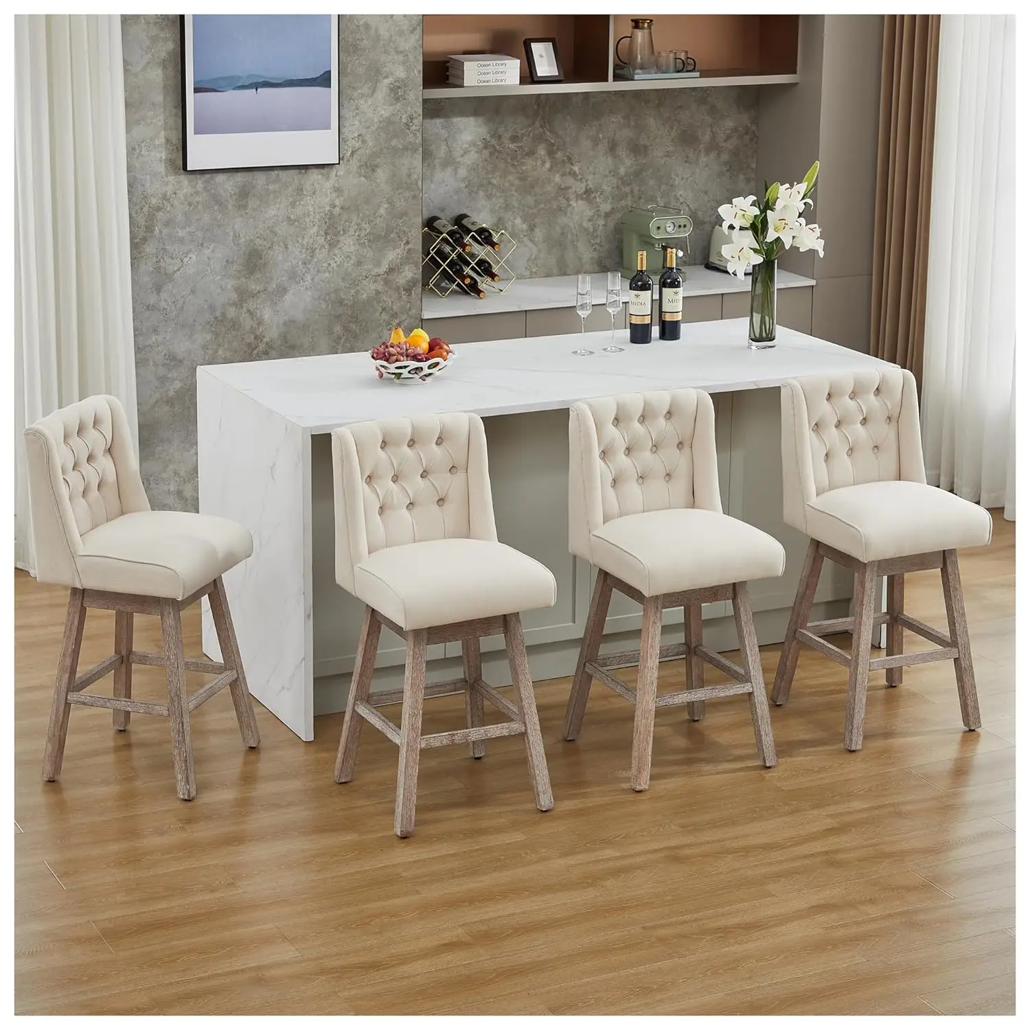 

28in Swivel Bar Stools Set of 4 Counter Height w/ Back Linen Upholstered Wood Legs Kitchen Island Dining Room Customized