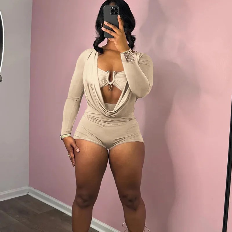 Doyerl-mono de manga larga para mujer, pelele Sexy con escote en V profundo, trajes de fiesta ajustados fruncidos para discoteca, monos cortos de una pieza, otoño 2025