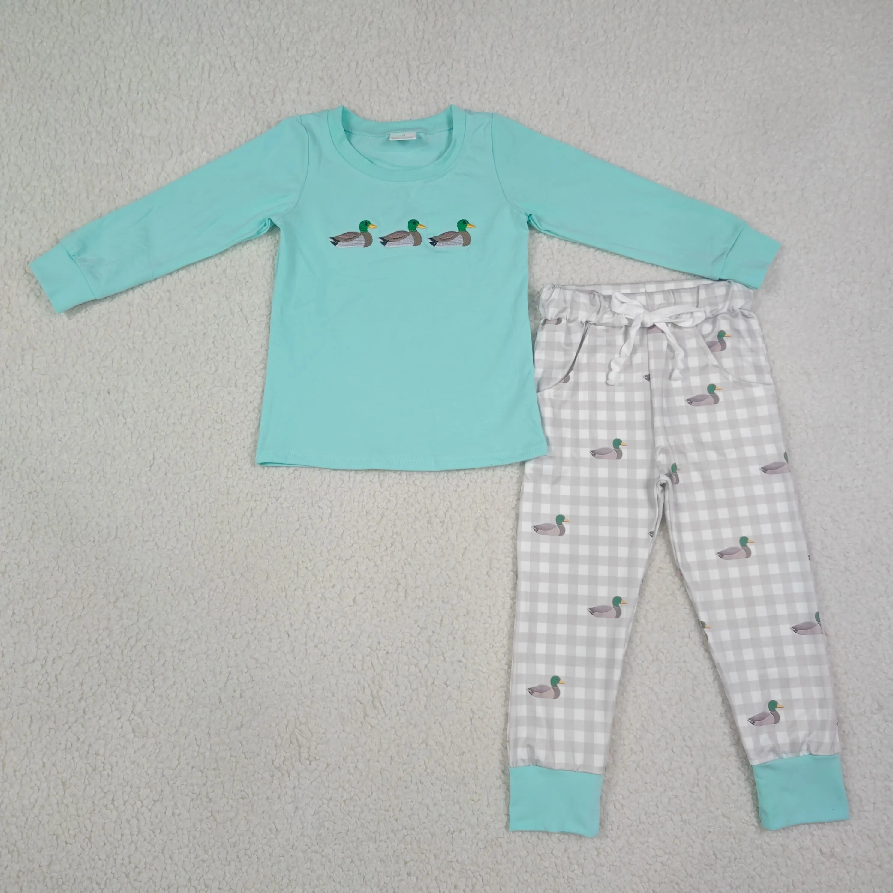 Wholesale Baby Boy Embroidery Ducks Cotton Shirt Set Children Pockets Pants Toddler Kids Plaid Outfit Clothes