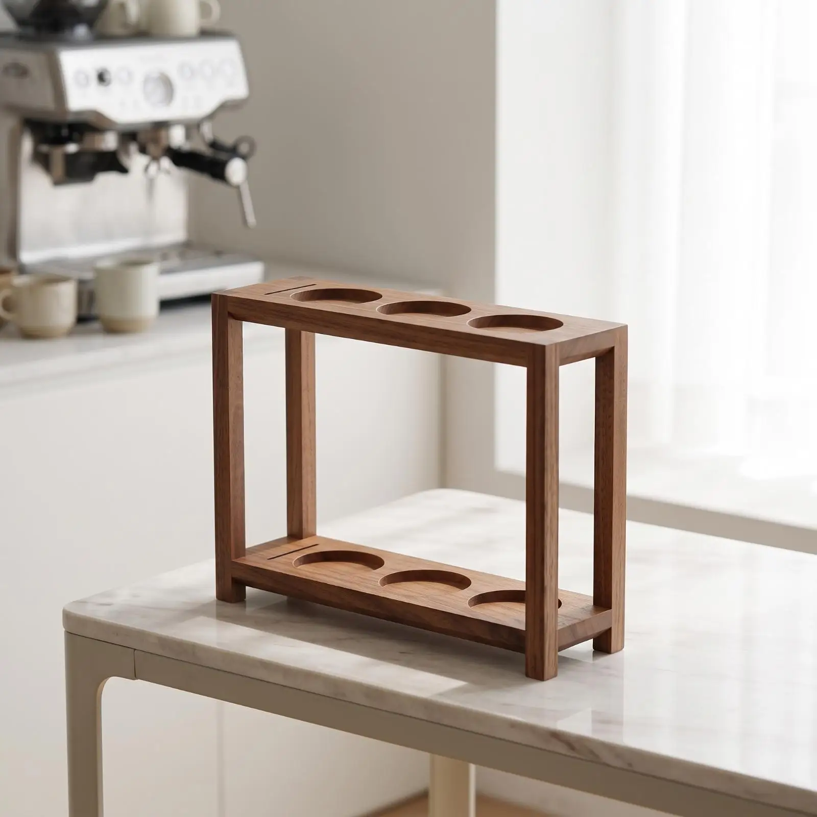 Espresso Coffee Tool Organizer Rack Wood Two Shelf Barista Station Holder for Tamper Distributor and Cup Slots Kitchen