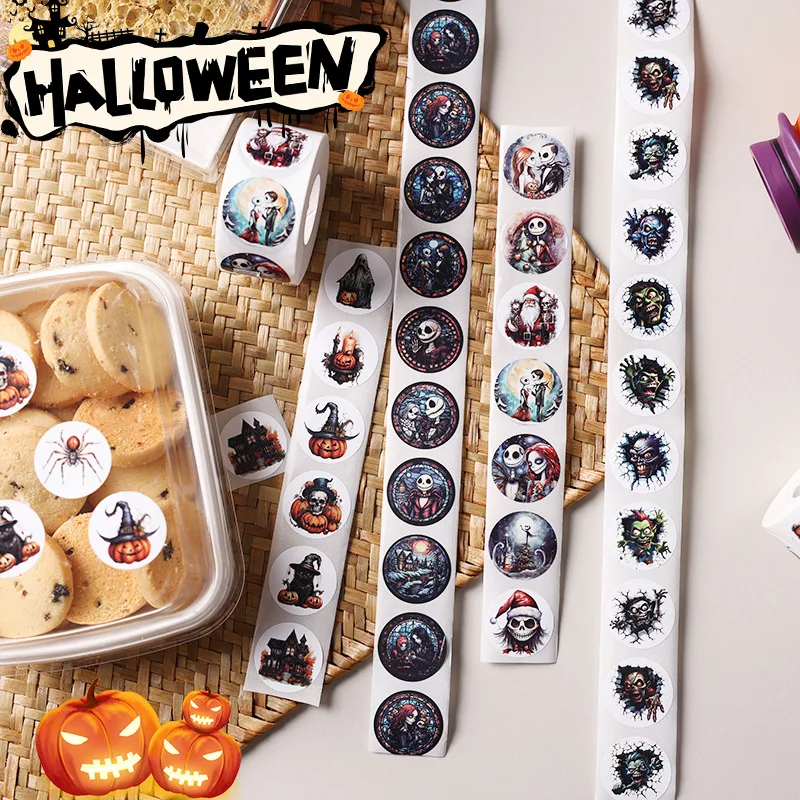 500pcs/Roll Halloween Horror Skull Cartoon Round Sealing Stickers DIY PVC Laptop Decals Decoration Stiker Reward Gift Toys