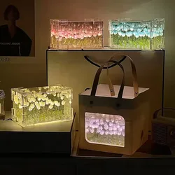 20PCS Tulip Night Light DIY Tulip Flower Mirror Cube Lamp 3D Atmosphere Lamp Handmade Craft Valentines Day Birthday Wedding Gift
