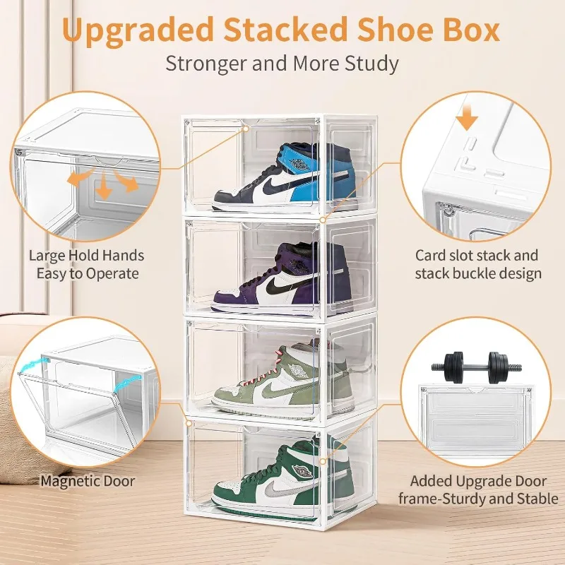 8 Pack Clear Shoe Boxes Stackable,Large Shoe Storage Organizer with Magnetic Door,Drop Side Shoe Containers for Entryway