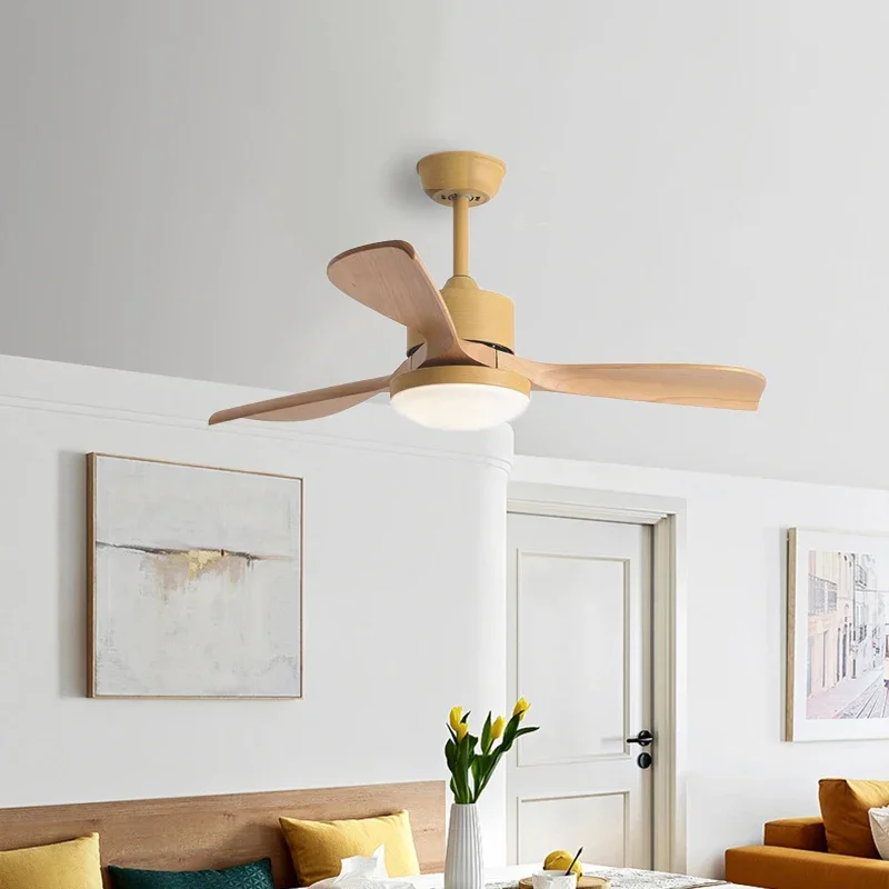 42/52 Inch Three-Solid-Wood-Blade Ceiling Fan with LED Light and Pure Copper Motor Suitable for Living Room and Dining Room