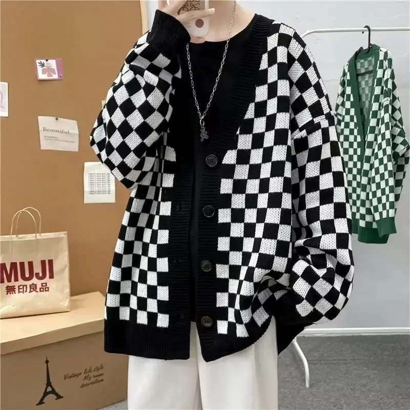 Men's Oversize Sweaters Woman's Warm Plaid Cardigan Coat Loose Couple Outfit Knitted Jacket Vintage Autumn men's clothing Luxury