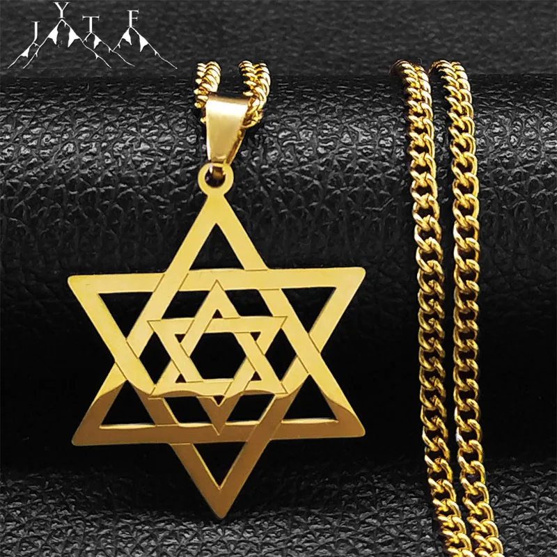 Hip Hop Star Of David Shield Hexagram Naszyjnik dla mężczyzn Moda Łańcuch ze stali nierdzewnej w kolorze złotym Biżuteria w kształcie gwiazdy Prezent