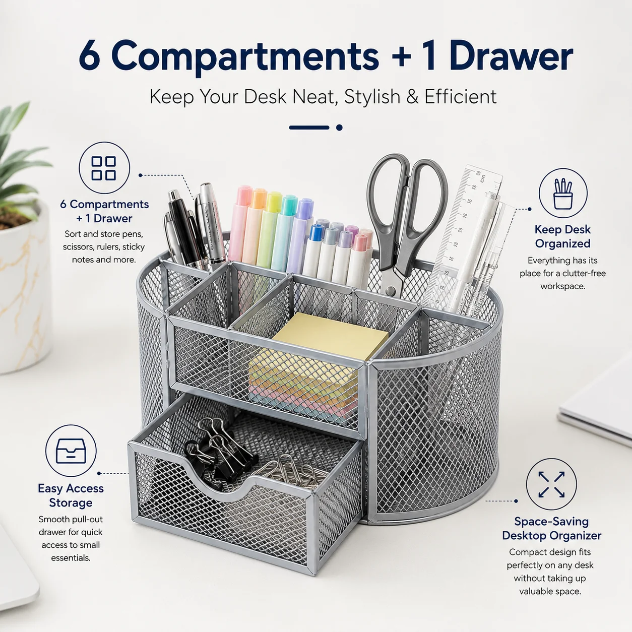 Metal Mesh Desk Organizer with Drawer, Multi Compartment Office Stationery Caddy Pen Holder Desk Storage for School Home Office