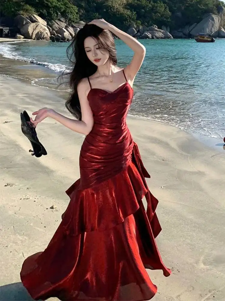 ชุดเดรสผู้หญิงแบบมีระบายหรูหรา สายเดี่ยวเซ็กซี่ สำหรับงานเลี้ยงตอนเย็น งานวันเกิด งานแต่งงาน งานพรอม ชุดราตรียาว เสื้อผ้าผู้หญิง