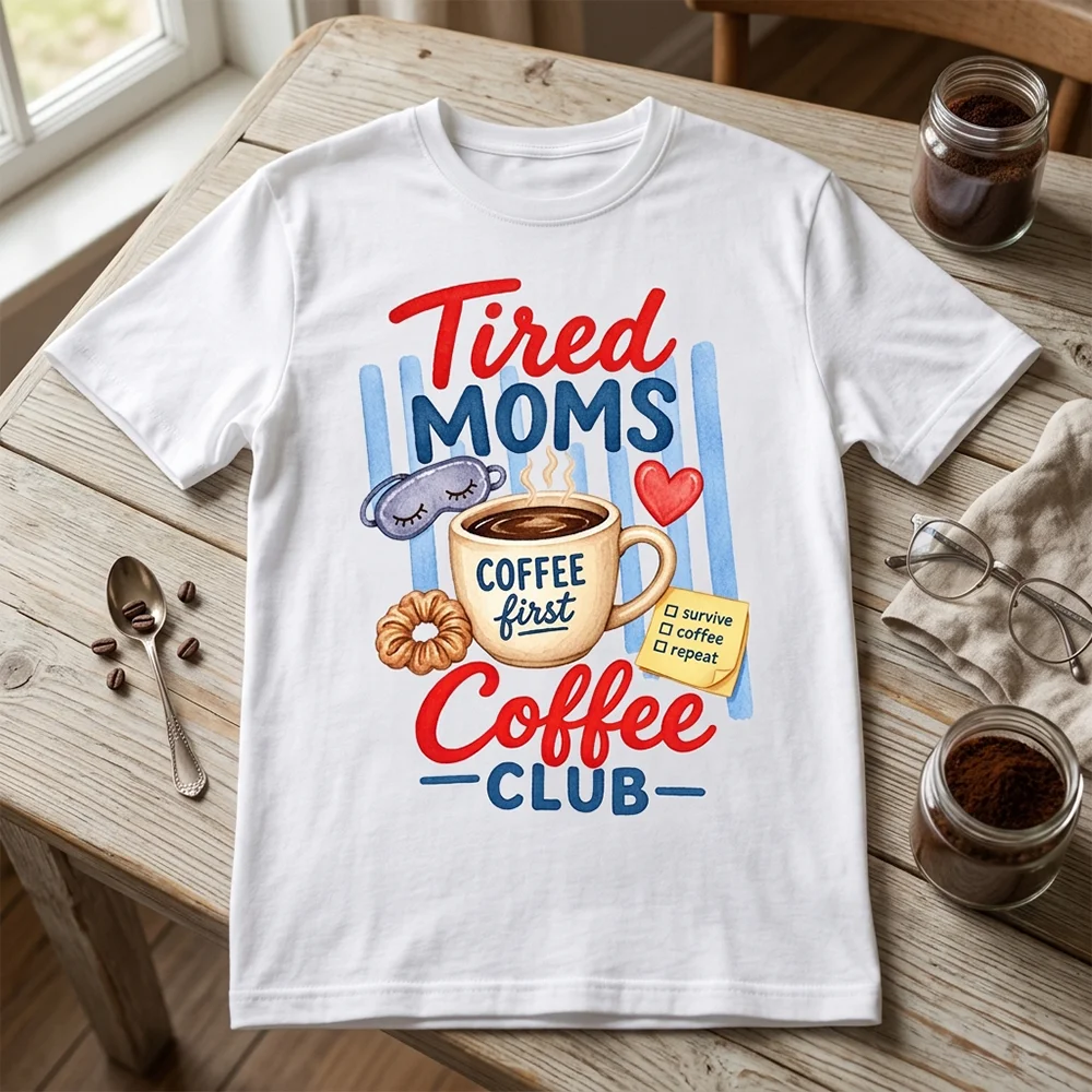 Women T Shirt Tired Moms Coffee Club Graphic Letter Print Short Sleeve Cotton Oversized Casual Loose Tee Tops Female Clothes ﻿ ﻿