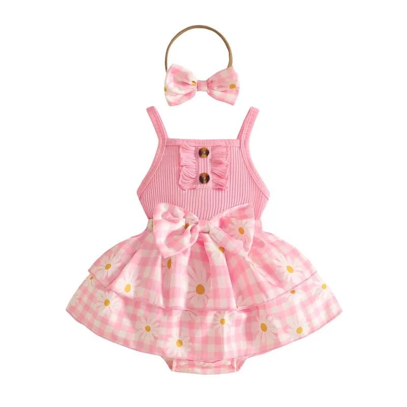 

0-24 Months Newborn Baby Girl Outfits Gingham Daisy Sleeveless Romper Dress with Bow Headband Infant Summer Clothes