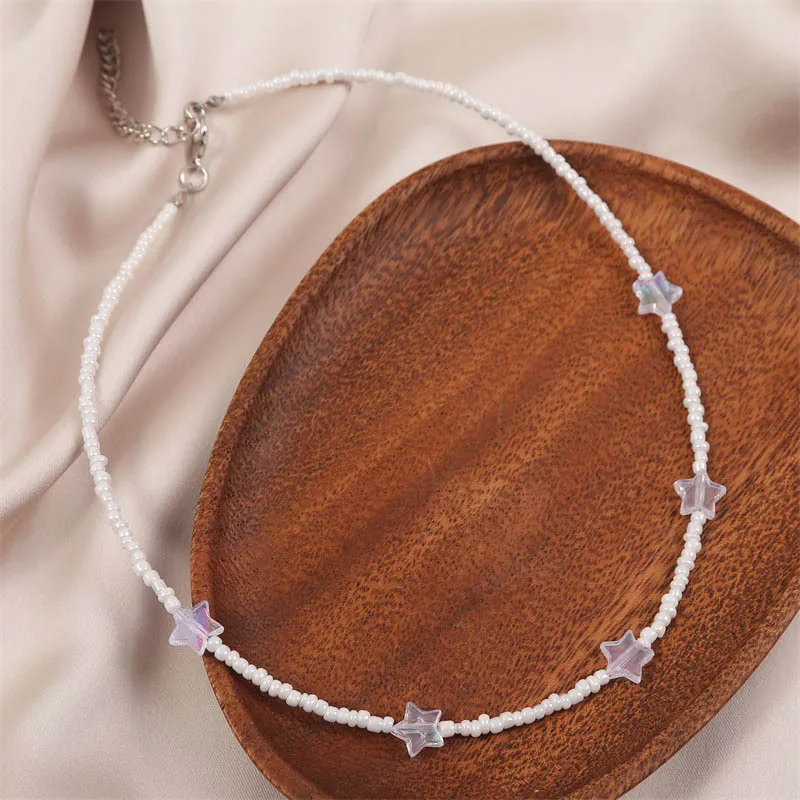 Beaded Necklace for Women Fashion Bohemia Weaving White Rice Beads Star Handmade Choker Clavicle Beach Jewelry Accessories