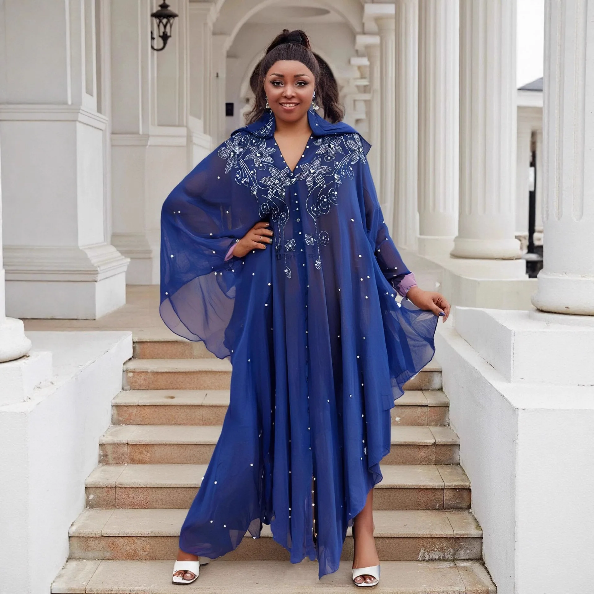 Элегантное африканское женское шифоновое праздничное платье Дубай с жемчугом и бриллиантами, с капюшоном, Абая, мусульманское платье с рукавами «летучая мышь», открытое кимоно Boubou, марокко, кафтан