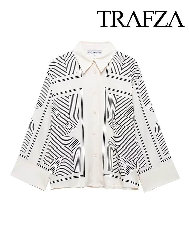 

TRAFZA Women 2025 Fashion Turn Down Collar Single Breasted Printed Twill Shirt Female Elegant Thin Stripe Loose Long Sleeve Top