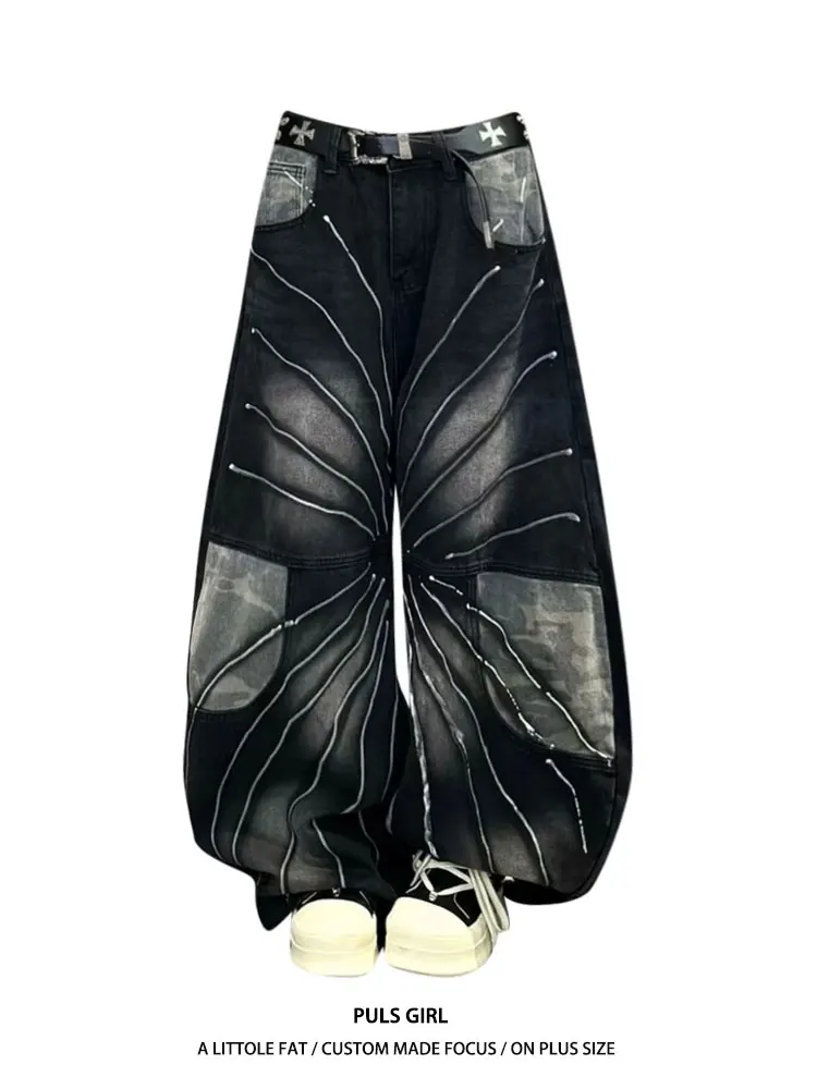 

Новые женские джинсы с высокой талией, широкими штанинами, рваные, в американском уличном стиле, с камуфляжными вставками, больших размеров, свободного кроя, 2025 год