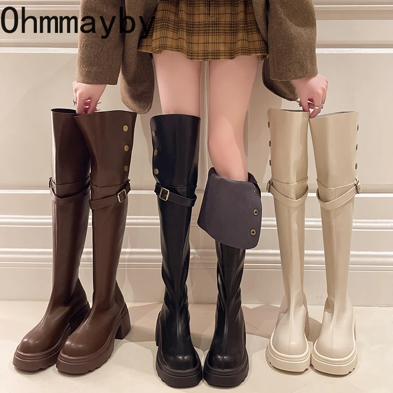 

Autumn Winter Platform Women Over The Knee High Boots Fashion Slip On Thick High Heels Concise Long Botas De Mujer