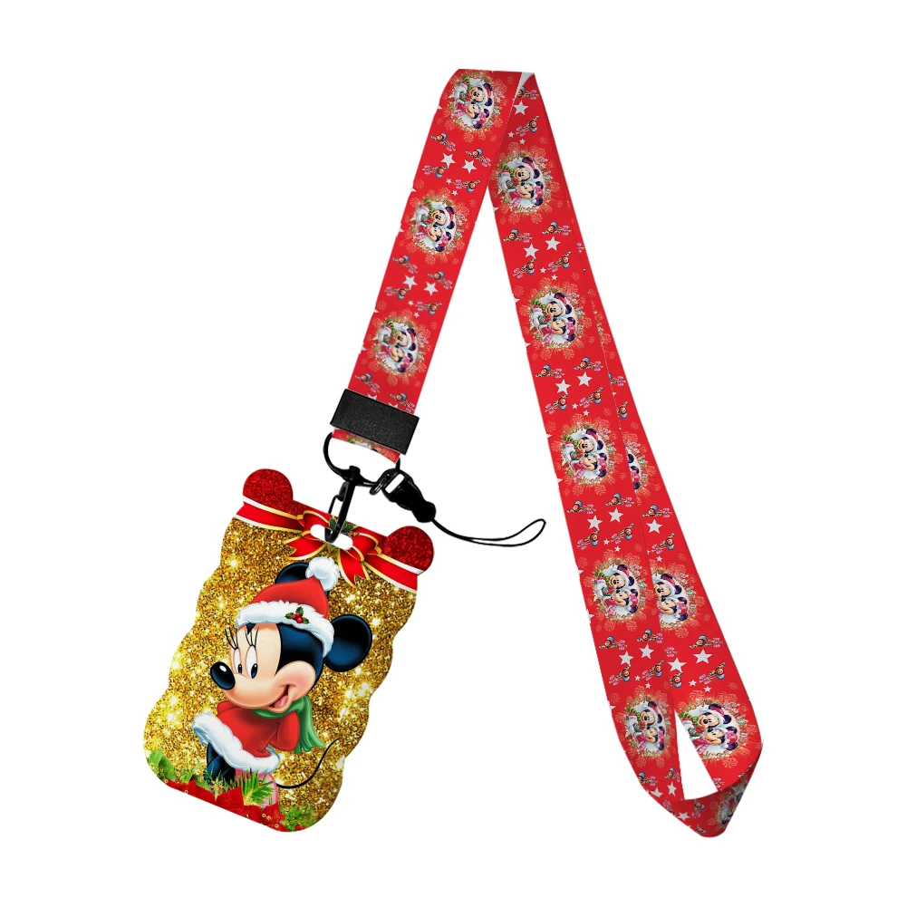 Cordón navideño de Mickey, llavero animado, bonito soporte para insignia, identificación, tarjeta de crédito, cuerda para colgar, cordón para llaves, accesorios, regalos