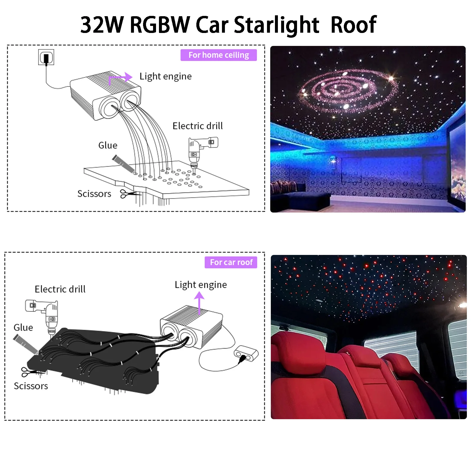 32W RGBW LED Fiber optik ışık çift kafaları Fiber optik yıldız tavan ışık kiti Bluetooth app araba çatı yıldızlı gökyüzü çocuk odası tavan