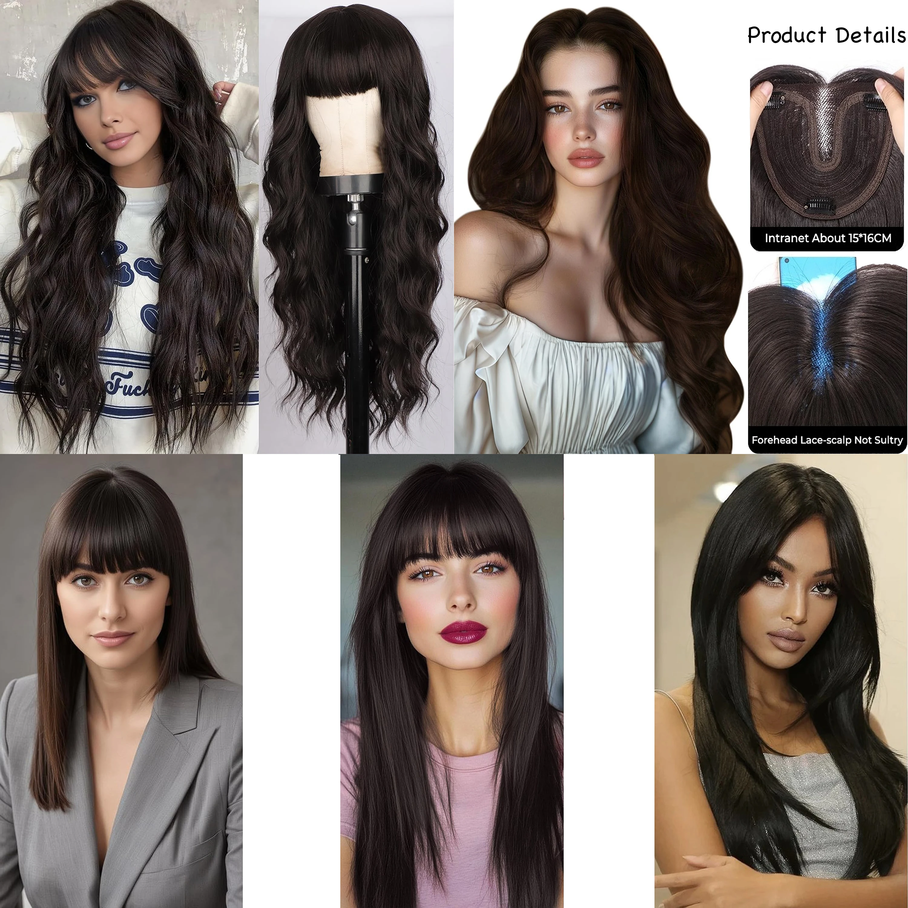 

WIGUNDLE Black/Brown Wigs with Neat Bangs High Density Synthetic Loose Black/Brown Hair Wig for Women Use Beginner Friendly