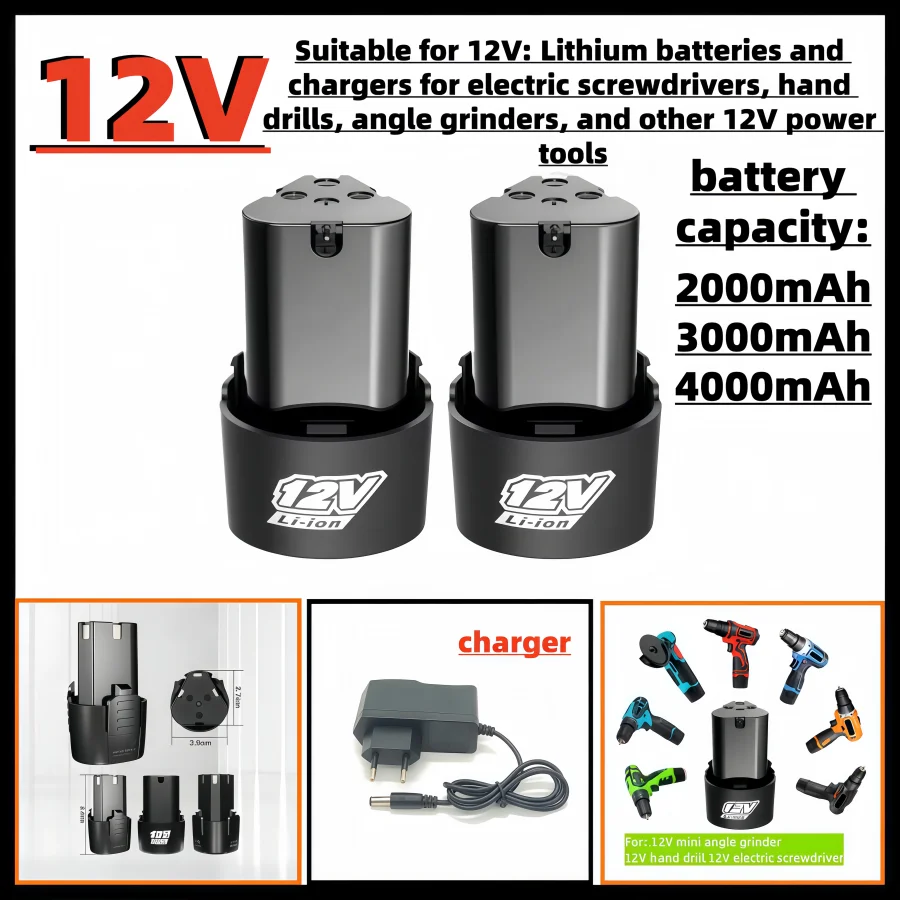 12V -4000mAh Rechargeable Lithium Ion Battery Plus Charger for Electric Screwdrivers, Drills, Mini Angle Grinder 18650 Batteries