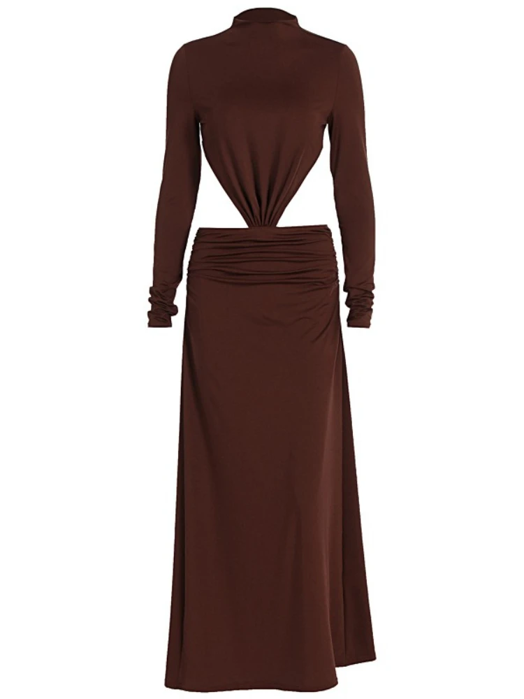 SsTss Abito lungo senza schienale con cut-out Abito da donna sexy con colletto alla coreana a maniche lunghe increspato Abito da sera Autunno 2025 Abbigliamento alla moda