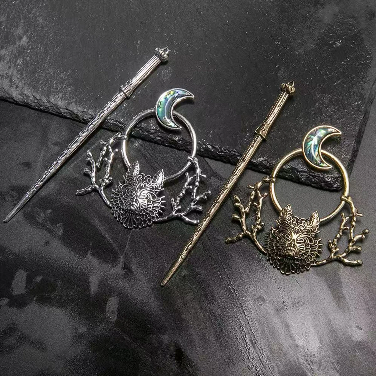 1pc Halloween Gothic Punk Style Vintage Alloy Wolf Head Raven Moonstone Jewelry Headgear Hairpin Skull Hair Ornament