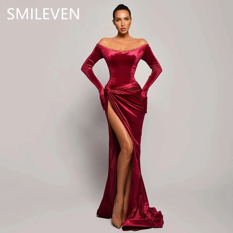 

Smileven Red Sexy Mermaid Lace Applique Prom Dress Off Shoulder Formal Evening Gowns Side Split Wedding Party Dress Customized