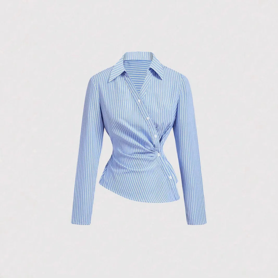 

Women's Stylish Asymmetrical Shirt Blue White Vertical Stripe Ruched Knot Design Long Sleeve Irregular Blouse