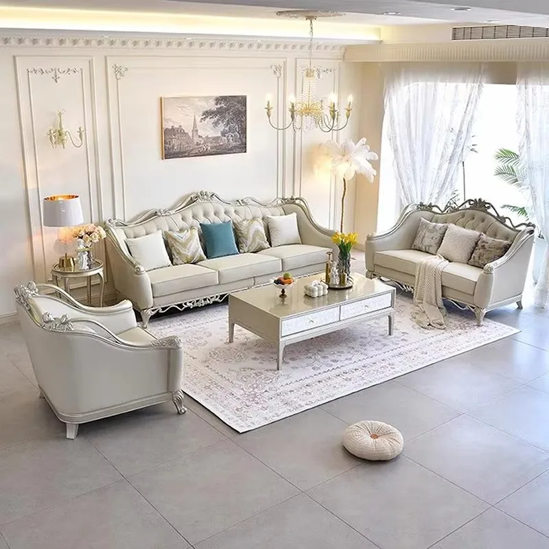 High-End American-Style Leather Sofa Set French-Style Solid Wood Carved Furniture for Living Room European-Style New