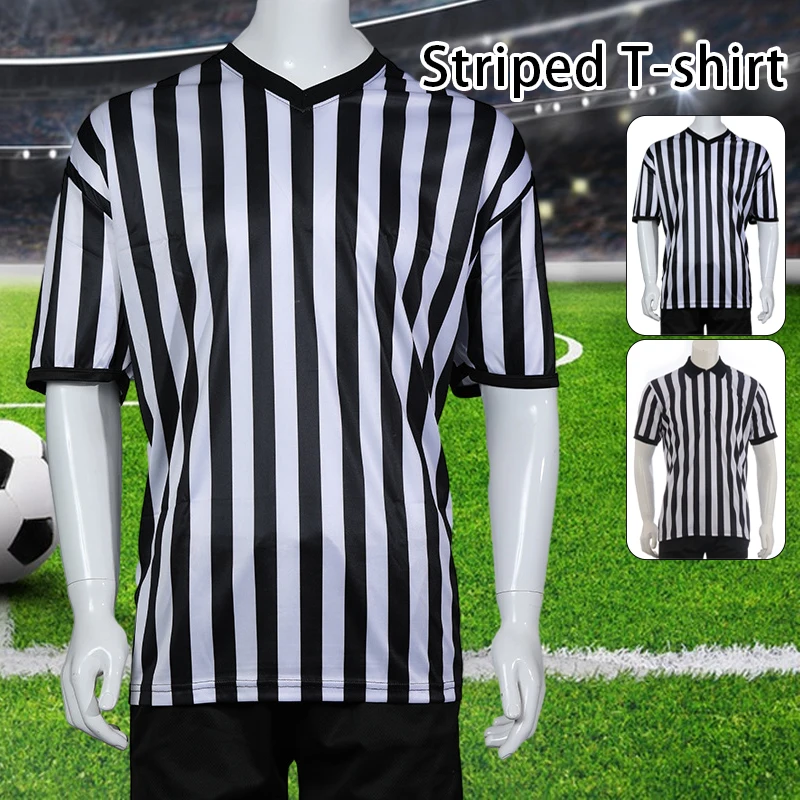 Camiseta de árbitro de fútbol y baloncesto para hombre, camiseta de manga corta a rayas con cuello en V de árbitro profesional, ropa deportiva de árbitro