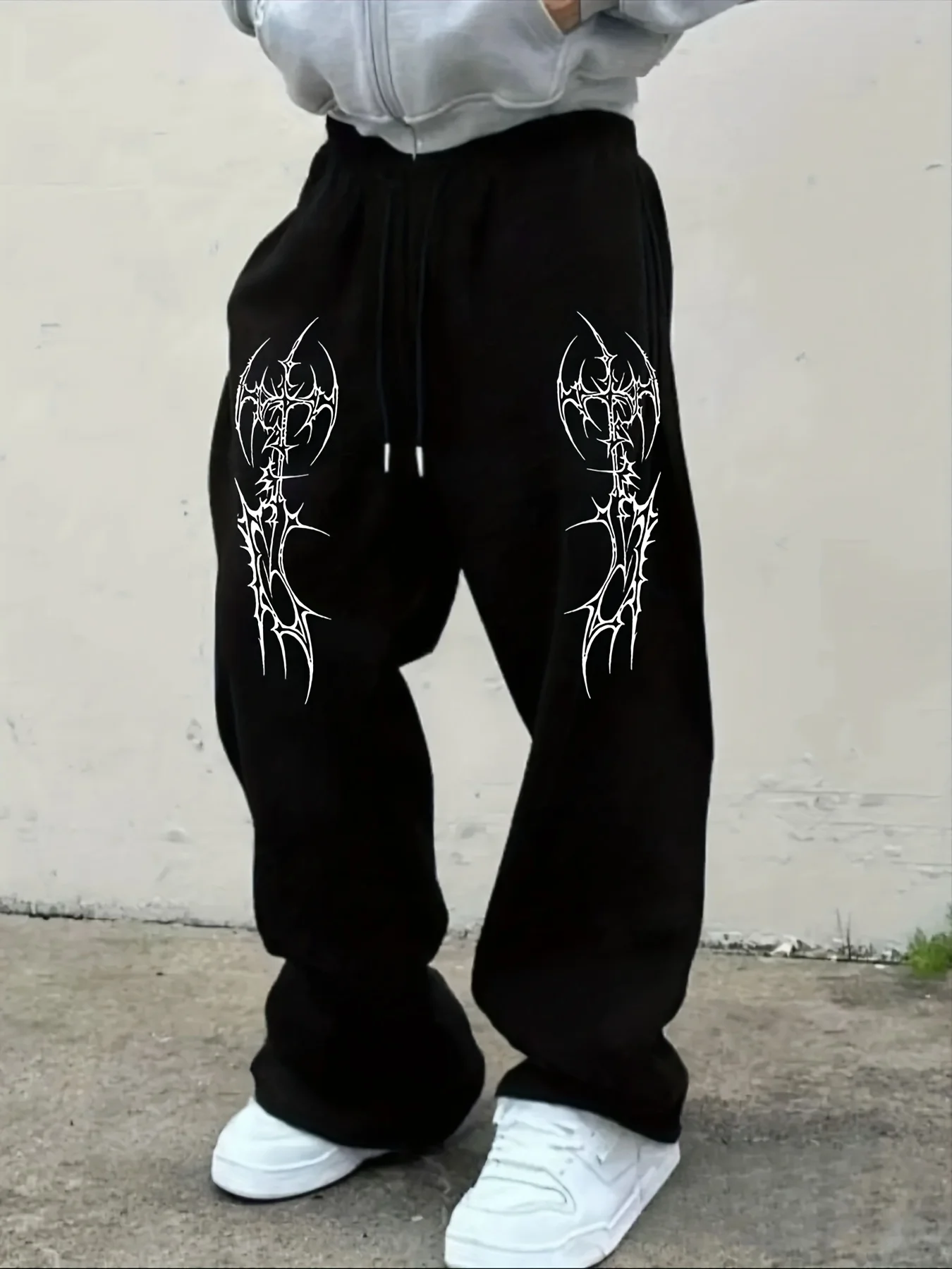 

Men's Black Goth Ax/Cross White Print Wide Leg Joggers, Hip Hop Fashion Street Pants Oversized Casual Pants, Fashion Trends 2025