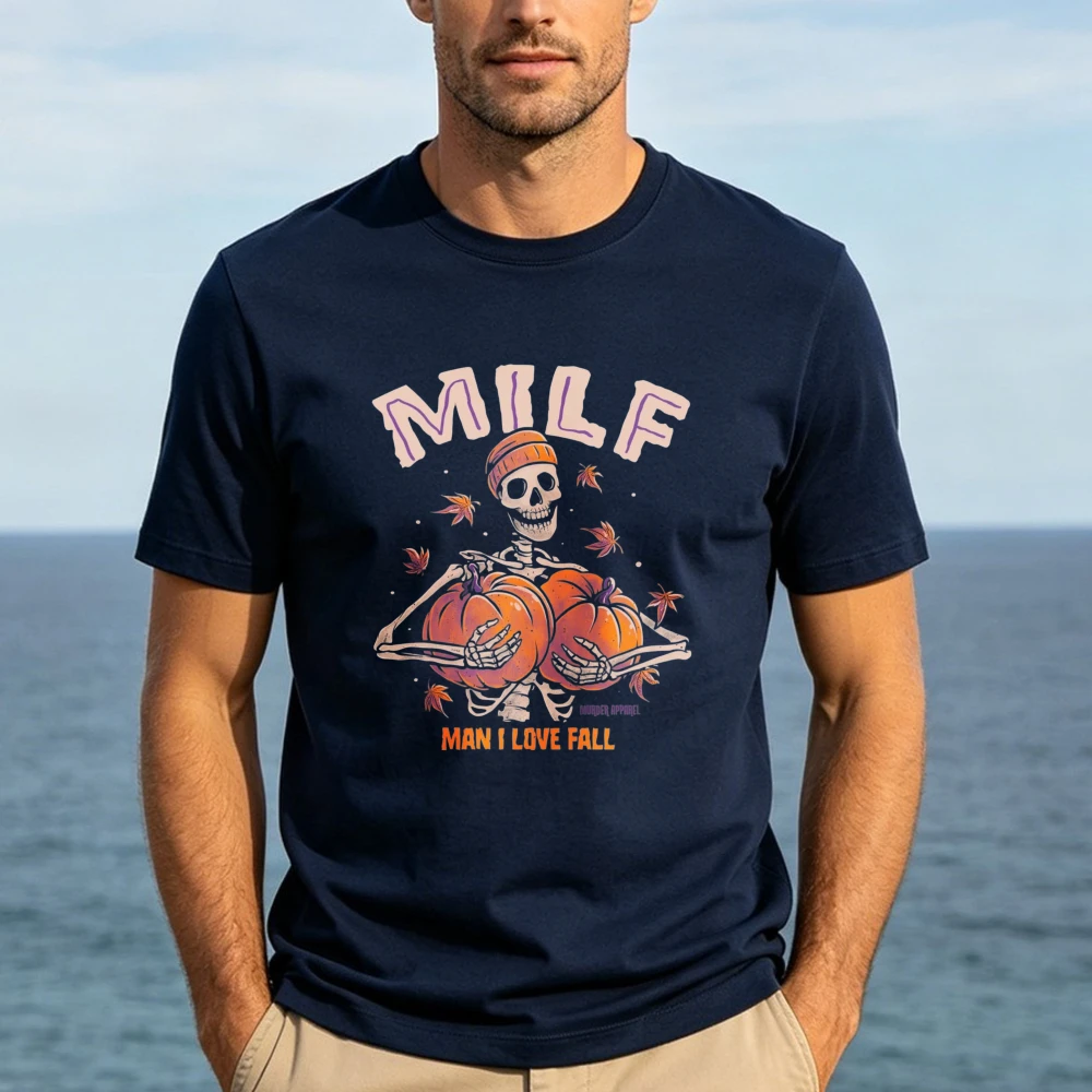 MILF Man I Love Fall Unisex Tee Fashion Casual Top Trendy Cotton Streetwear Shirt Skeleton Pumpkin Graphic Autumn Humor Tshirt