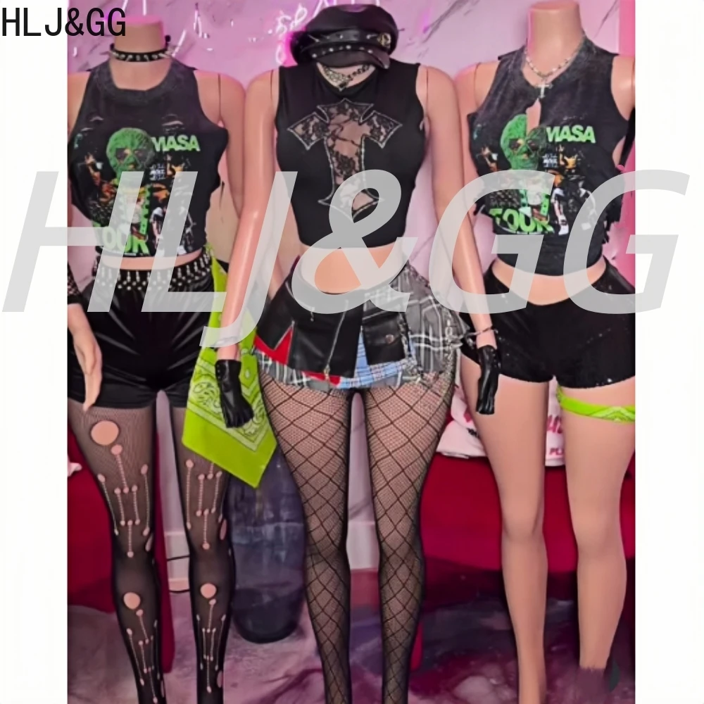 

HLJ&GG Black Y2K Fashion Sequin Shorts Two Piece Sets Women Pattern O Neck Short Sleeve Loose Tshirts+Shorts Outfits Streetwear