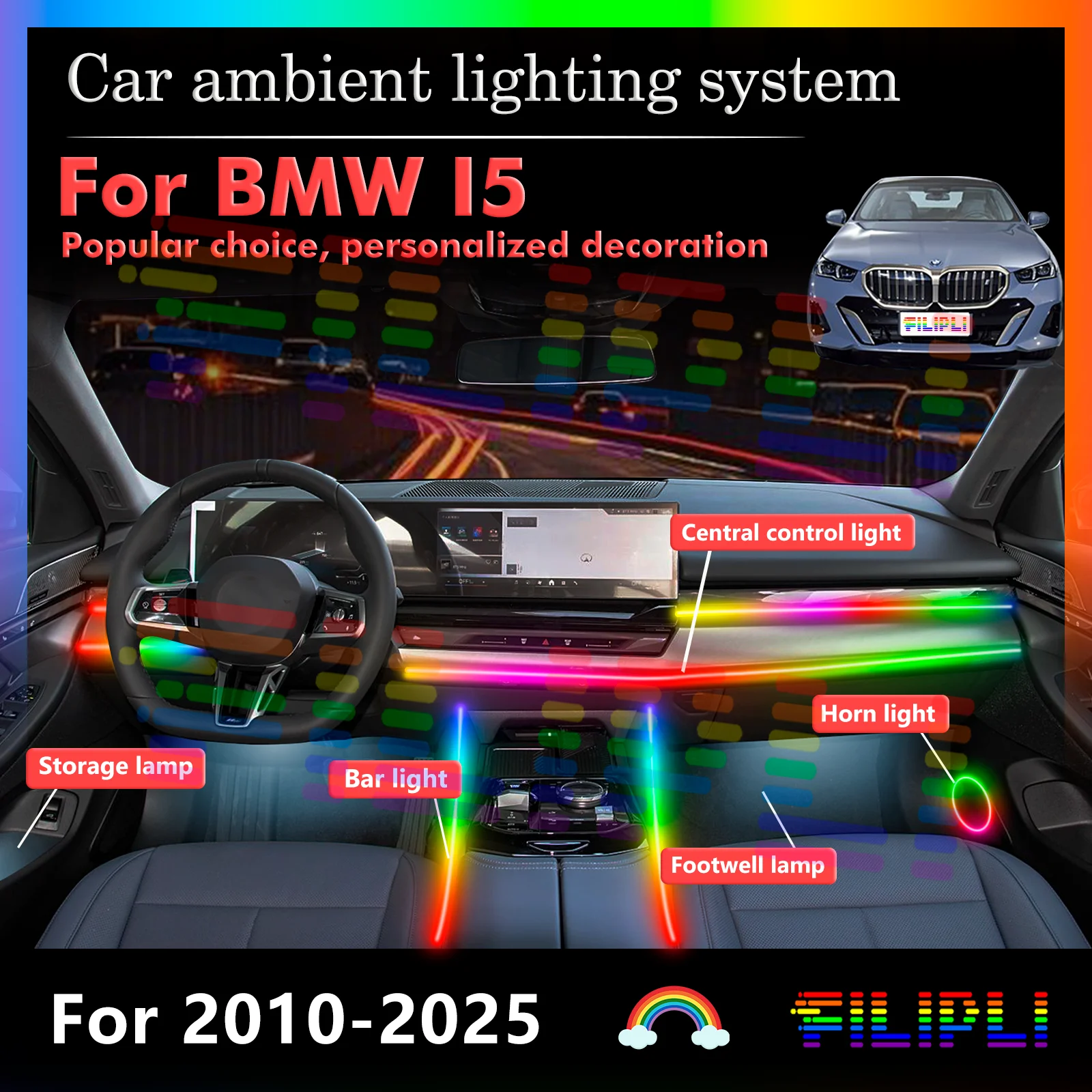 

For BMW i5 Car Interior Decorative Ambient Light RGB 64-Color LED Smart Remote Control Energy Saving Kit