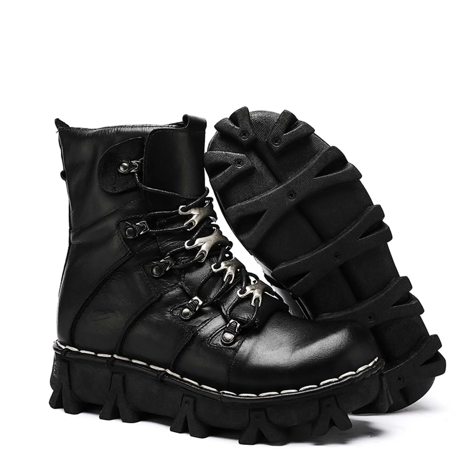 

Новые мужские мотоциклетные ботинки из натуральной кожи, армейские ботинки в стиле панк, готики с черепом, мужские базовые ботинки до середины икры на платформе, коричневые