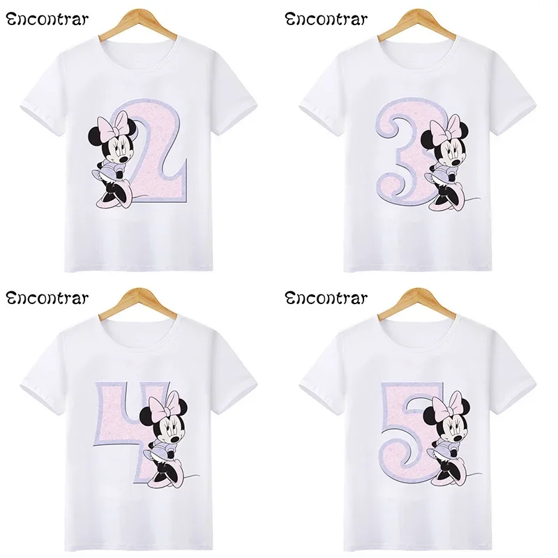 Disney Pink Minnie Graphic Girls Clothes Kids T shirt Age 1 2 3 4 5 6 7 8 9 Years Birthday Number Bow Baby T-Shirts,HKP2695