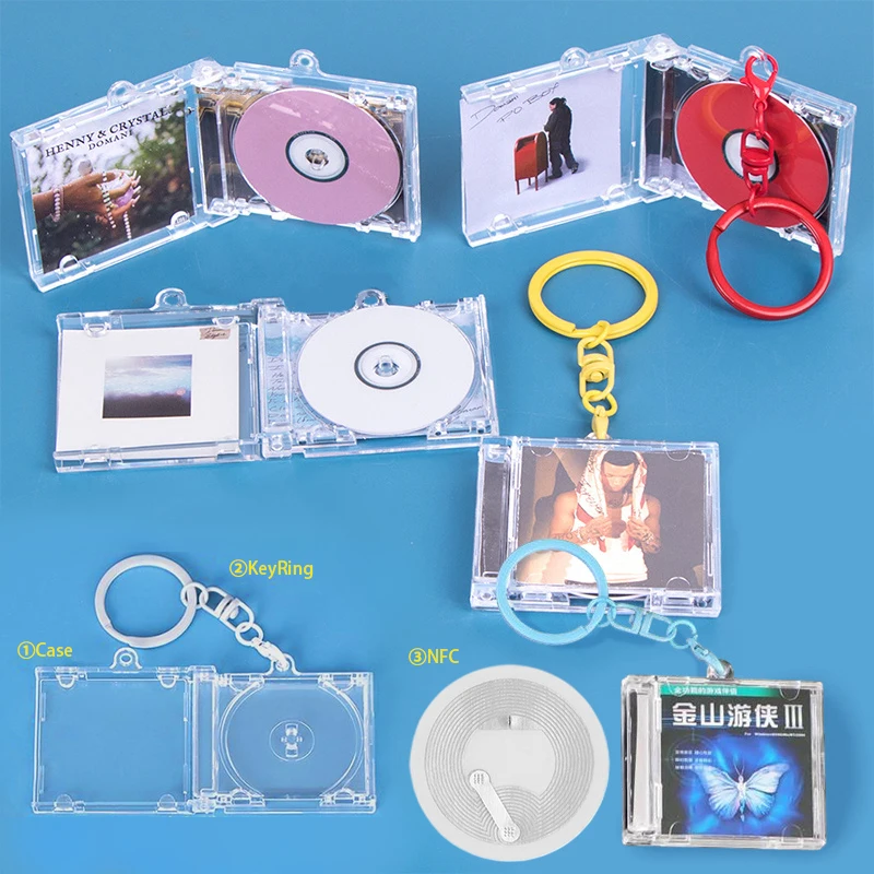 Mini Transparent Blank Album Mini CD Case Key Chain With NFC Music Playback For DIY Backpack Charm Pendant Hanging Decor