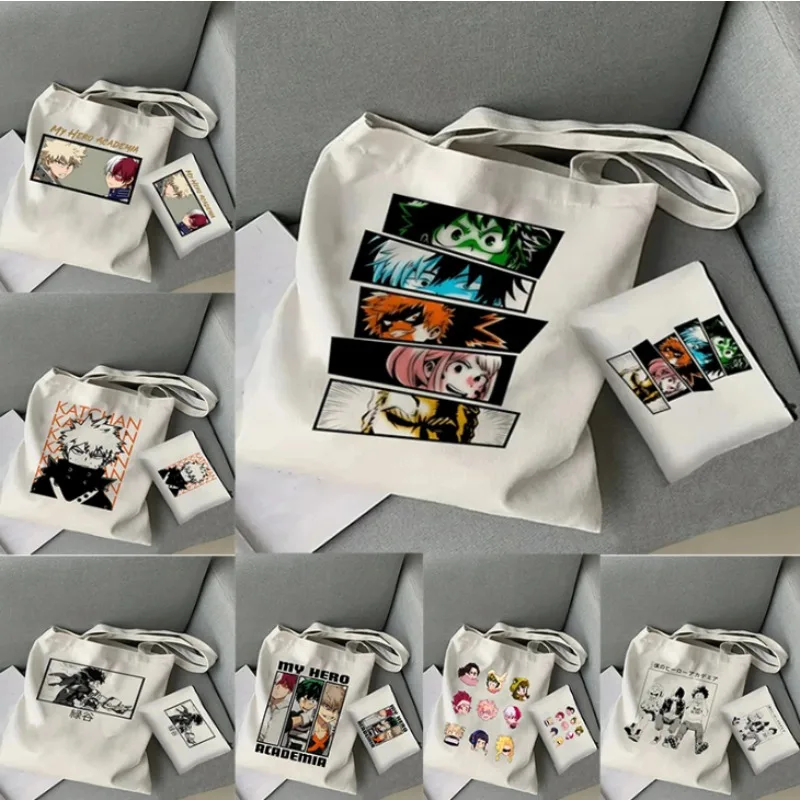 

2pcs My Hero Academia Women's Tote Cosmetic Bag Set Fashion Canvas Shoulder Bag Eco-friendly Large Capacity Shopping Bags Wallet