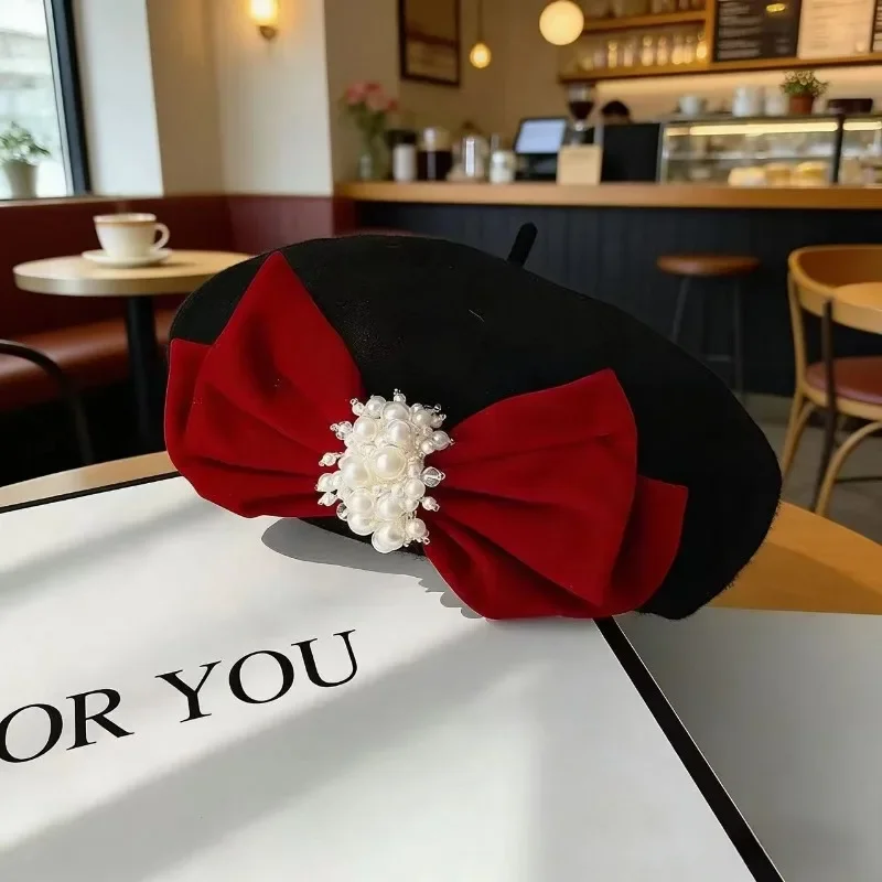 Bow Knot Beret Wool Pearl Large Size Flat Top Painter Hat Chinese Style Women EU US