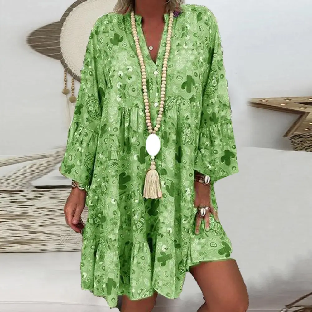 2023 Spring Printing Tassel Boho Mini Dress Women Elegant V Neck A-Line Office Dress Vintage 3/4 Flare Sleeve Summer Beach Dress