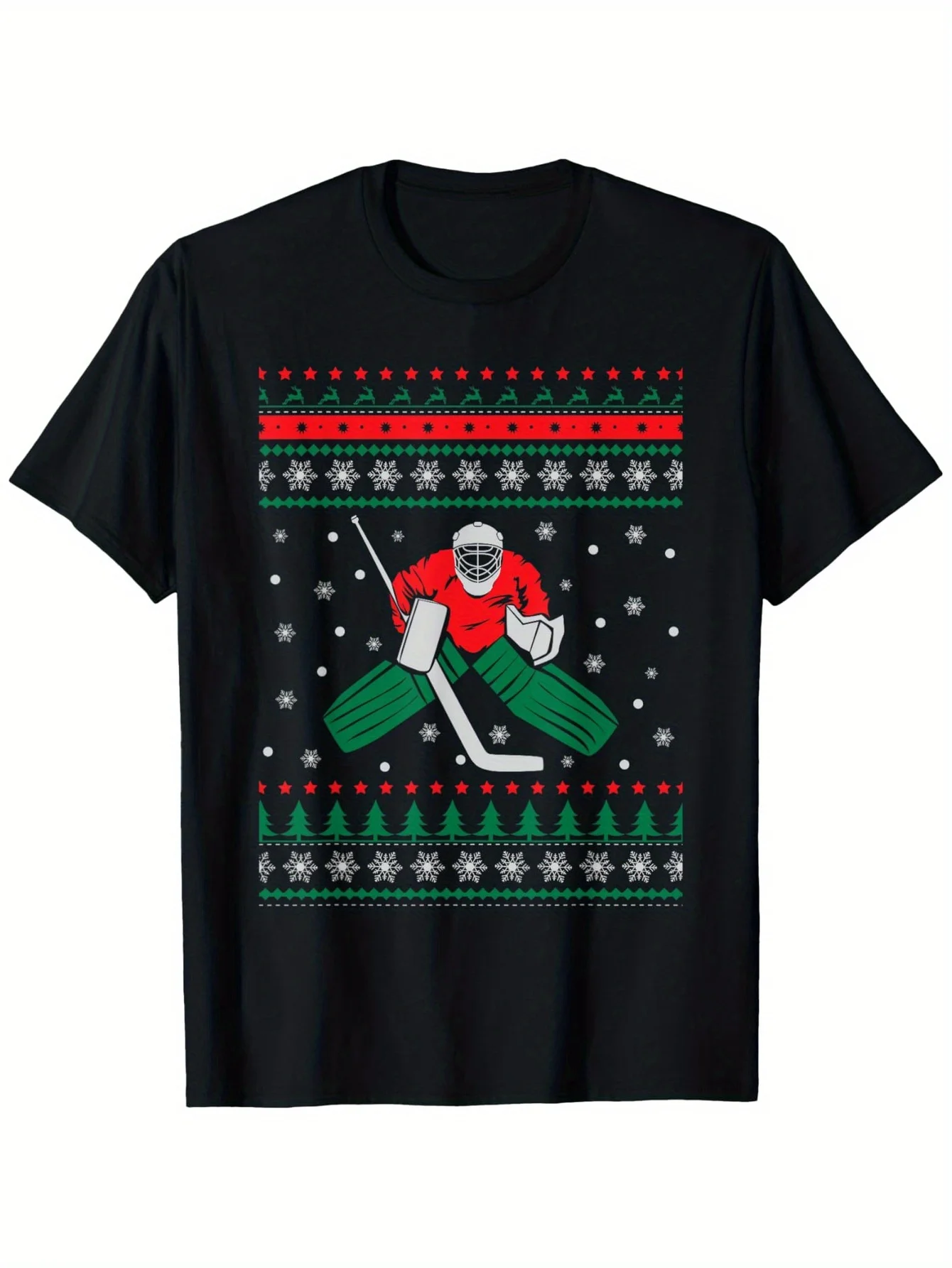 

Hockey Goalie Ugly Christmas Sweater T-Shirt Men Festive Ice Goalie Graphic Tee Casual Cotton