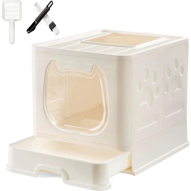 Litter Box with Lid for Small to Medium Cats, Enclosed Cat Litter Box with Cover，High Sided Top Entry Cat Box with Brush