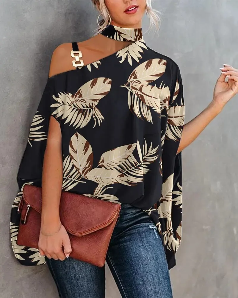 Women Choker Cold Shoulder Blouse Tropical Leaf Print Batwing Sleeve Decor Buckle Strap Loose Casual Top