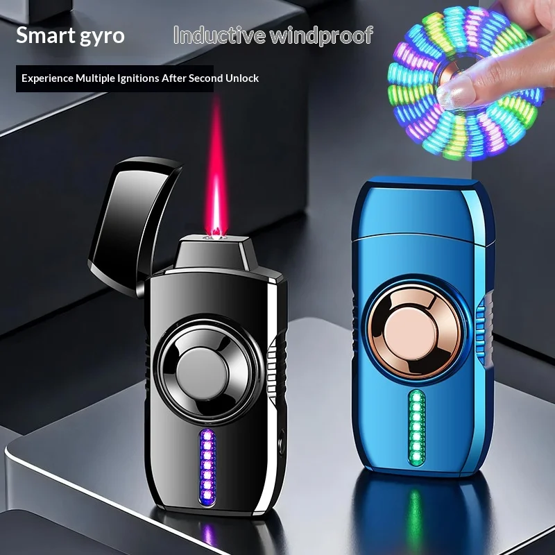 2026 Zinc Alloy Secondary Unlocking Intelligent Protection Red Flame Butane Gas Lighter Colorful Gyroscope LED Light USB Lighter