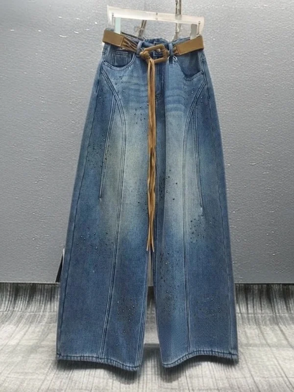 

Spring High Waist Wide Leg Jeans Women's Faion Sensation Diamond Embellied Straight Cut Slimming Long Pants Casual Sle