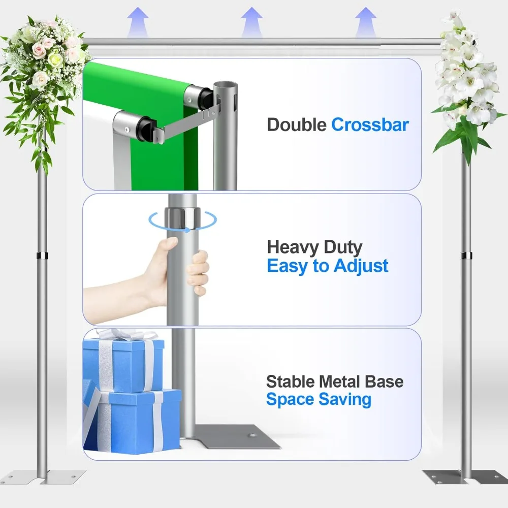 Heavy Duty Backdrop Stand 8.6x10ft, Double Crossbar Pipe and Drape Backdrop Stand Kit, Adjustable Metal Frame, Background Stands