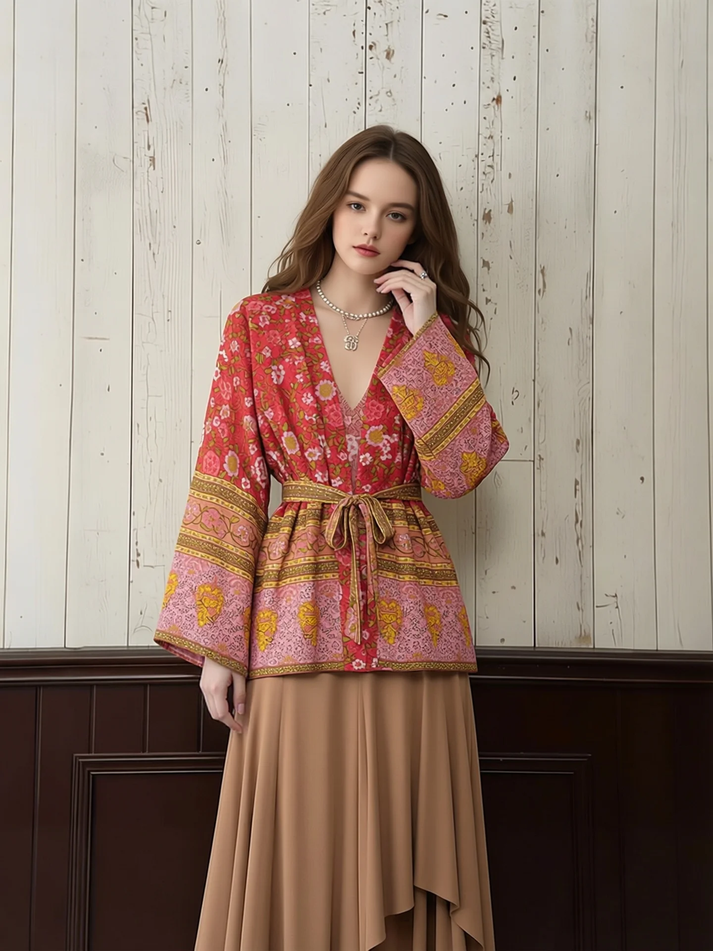 

KEYANKETIAN 2026 Новое женское кимоно в национальном стиле с принтом, из вискозы, с поясом, расклешенными рукавами, свободный кардиган, ретро-пляжная одежда, тонкий топ