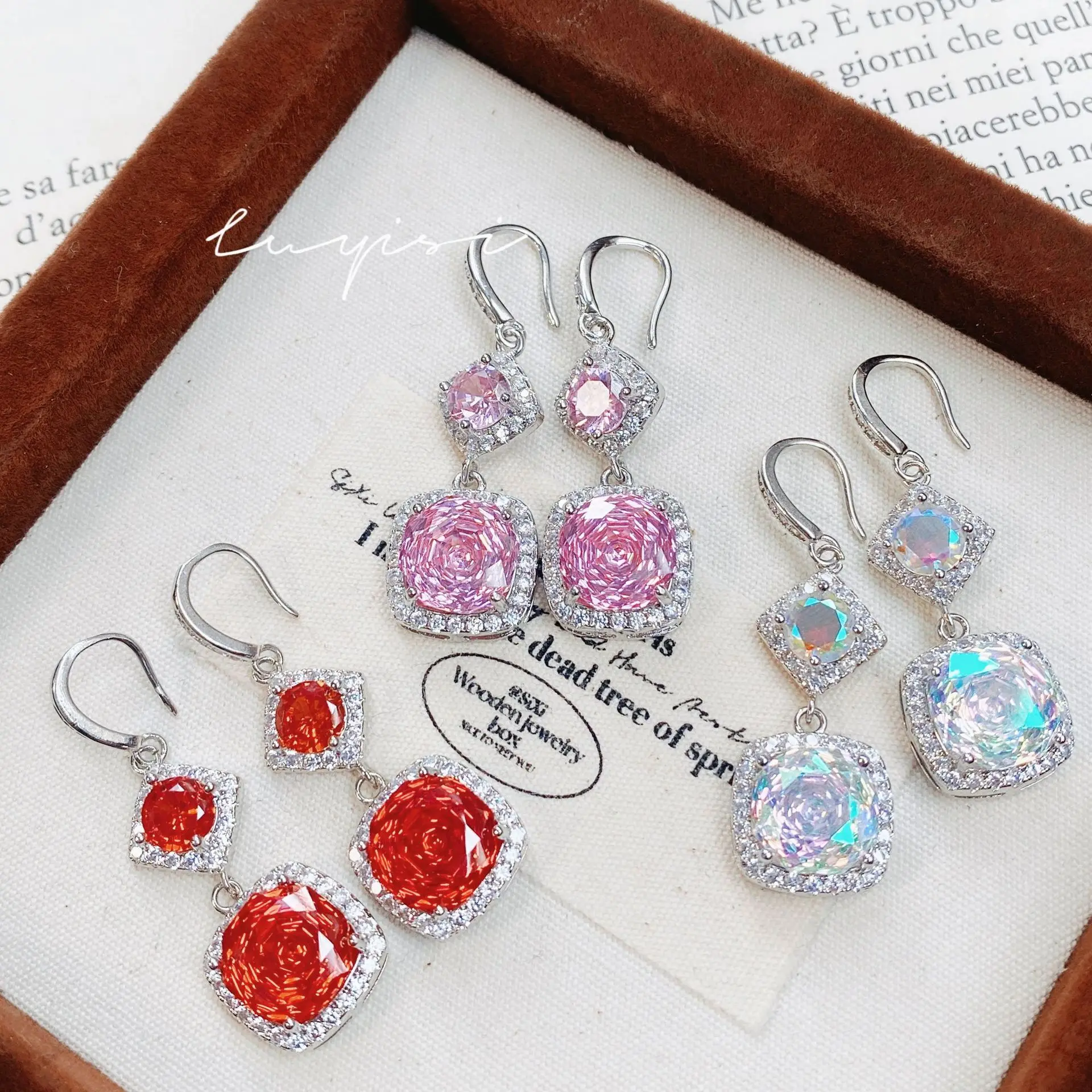 New octagonal millennial rose cut Chinese red earrings bright pink diamond square earrings long gradual change color earrings wo